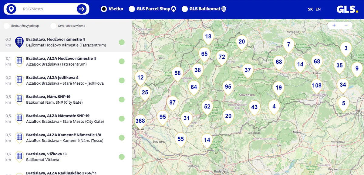 GLS mapa výberu