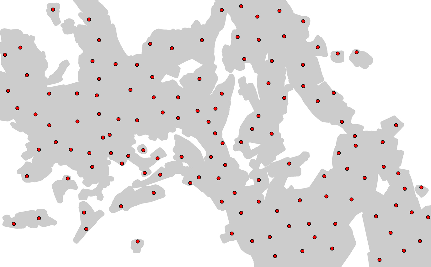Ukážka rozmiestnenia bodov v polygónovej vrstve intravilánu mesta/obce